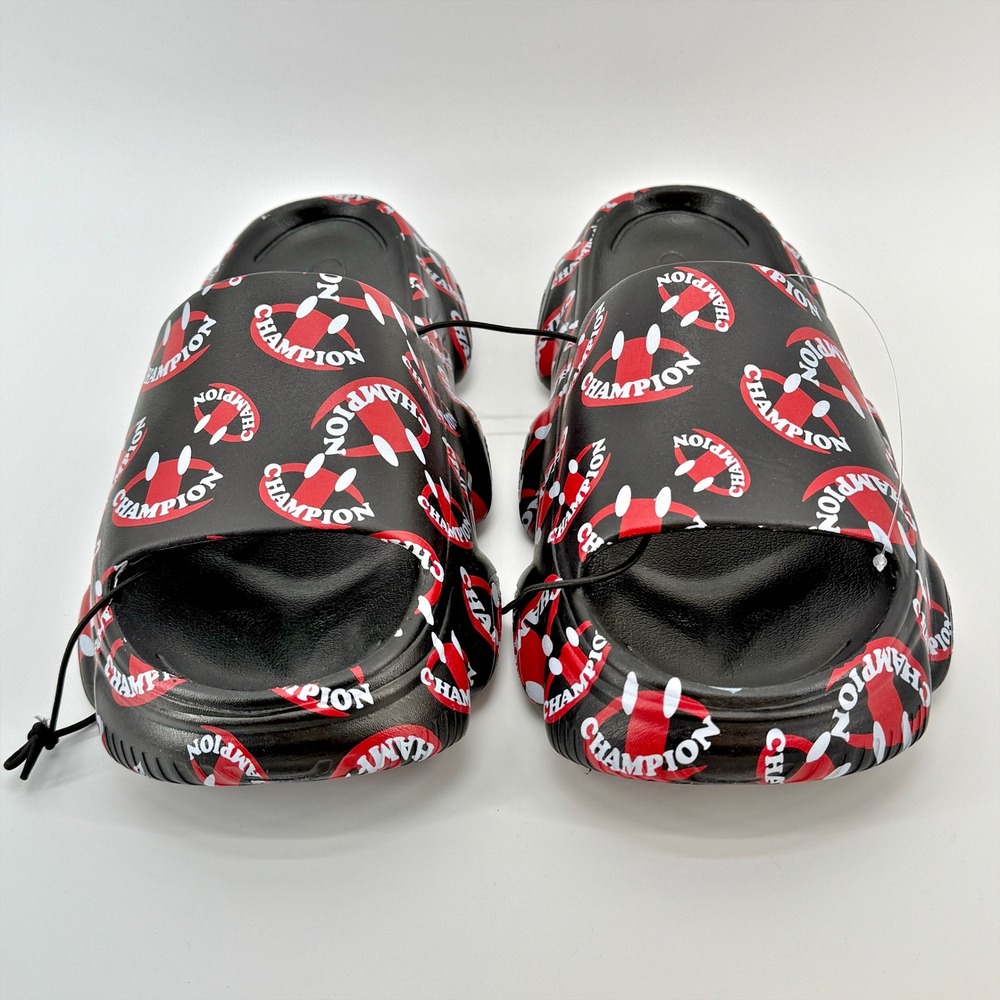 Champion Meloso Squish Smile Slides Sandals Mens Size 9 Black Red Pool Comfy NEW - Picture 2 of 8